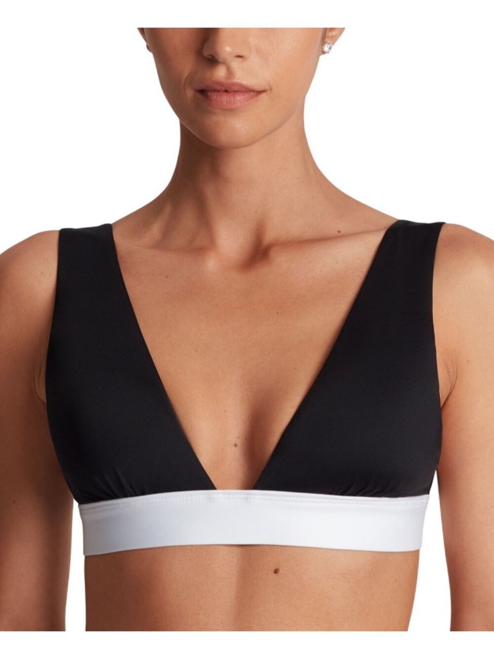 NWT Lauren Ralph Lauren Banded Modern V-Neck Bikini Top Swim Black / White 12
